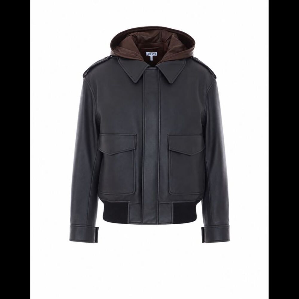 Loewe Men Hooded Leather Jacket With Anagram Patch On Hood